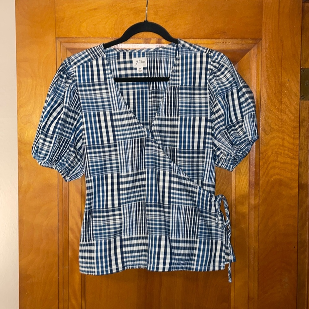 JCrew puff-sleeve wrap top; M; indigo patchwork; style B1760